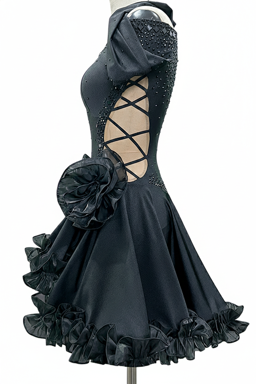 ByCharme Black Tan Chiffon Latin Salsa Competition Dress - BCL-0003