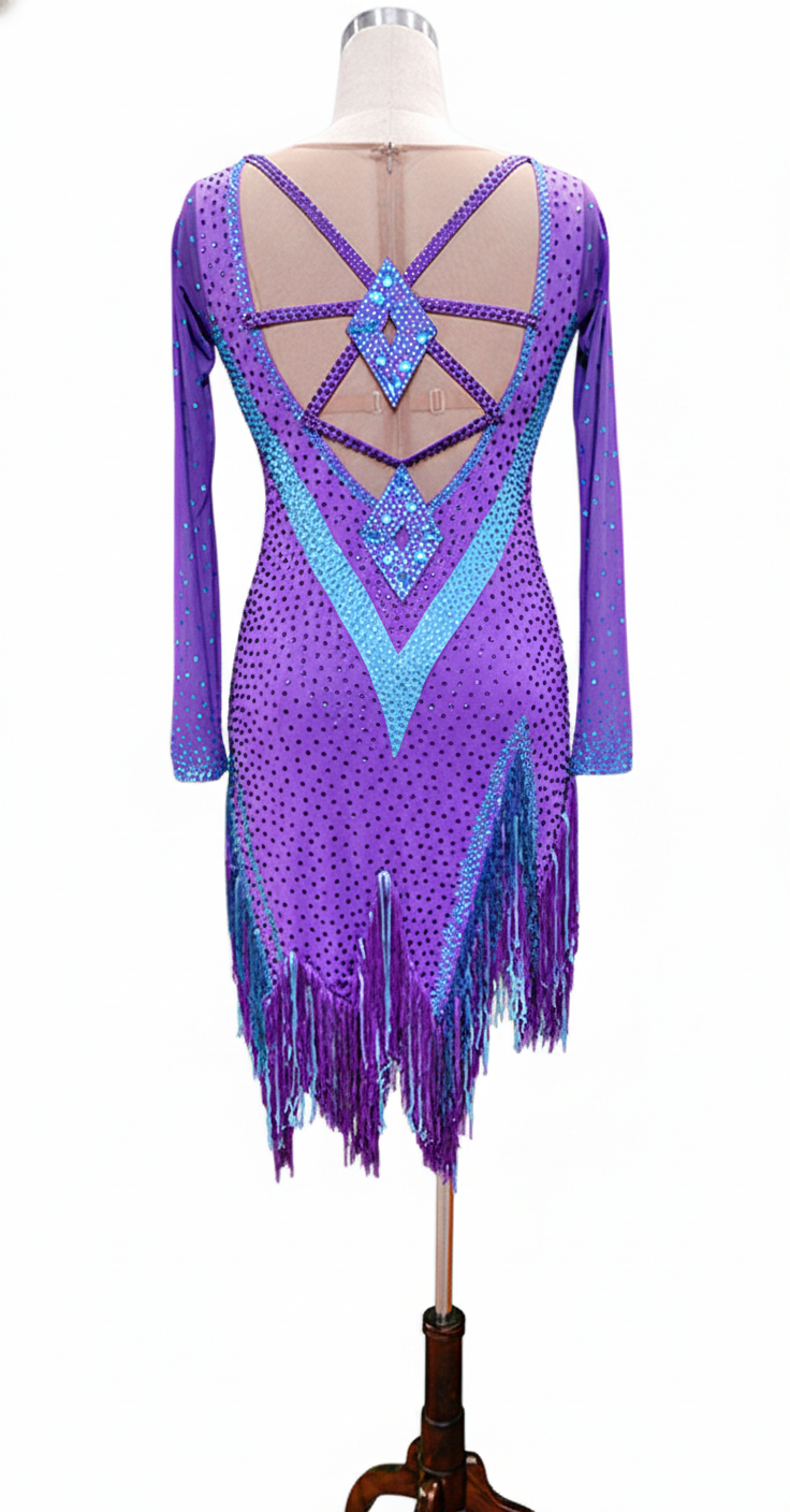 ByCharme Purple Blue Brown Fringes Latin Salsa Competition Dress - BCL-0061