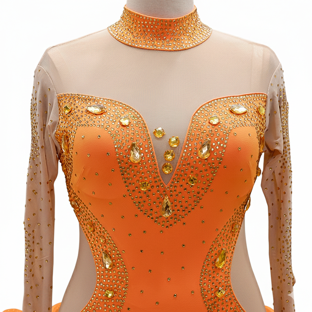 ByCharme Orange Gold Tan Chiffon Latin Salsa Competition Dress - BCL-0086