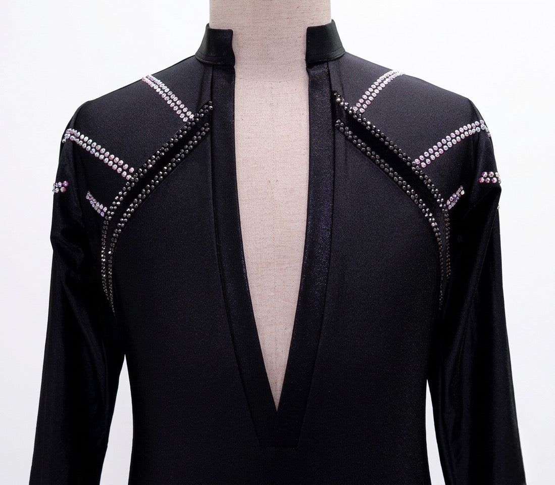 ByCharme Black Silver Velvet Men Latin Salsa Competition Shirt - BCM-0080