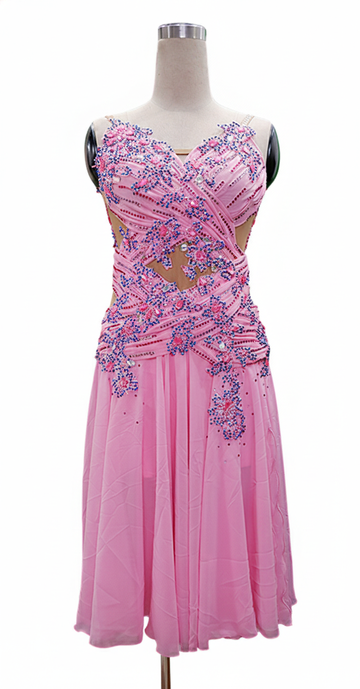 ByCharme Light Hot Pink Chiffon Ballroom Competition Dress - BC-0054
