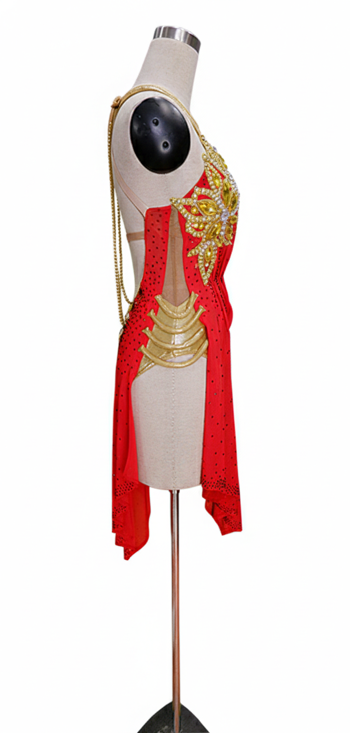 ByCharme Red Gold Brown Fringes Latin Salsa Competition Dress - BCL-0082