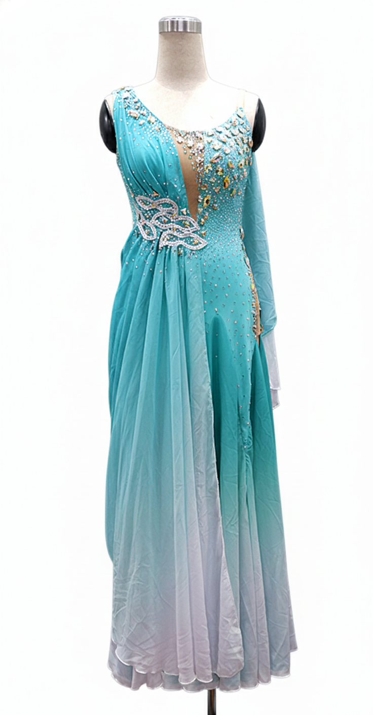 ByCharme Cyan Blue Chiffon Ballroom Competition Dress - BC-0055