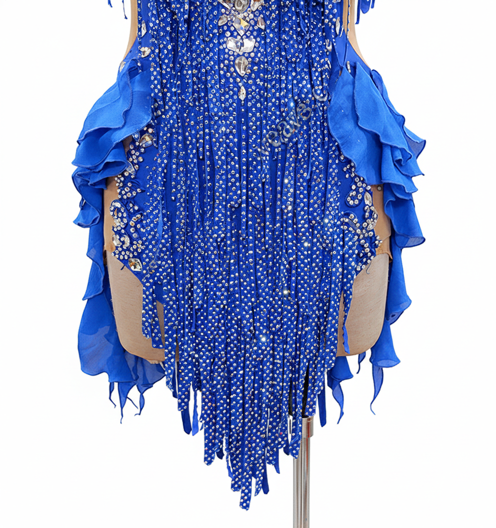 ByCharme Blue Silver Tan Fringes Latin Salsa Competition Dress - BCL-0072