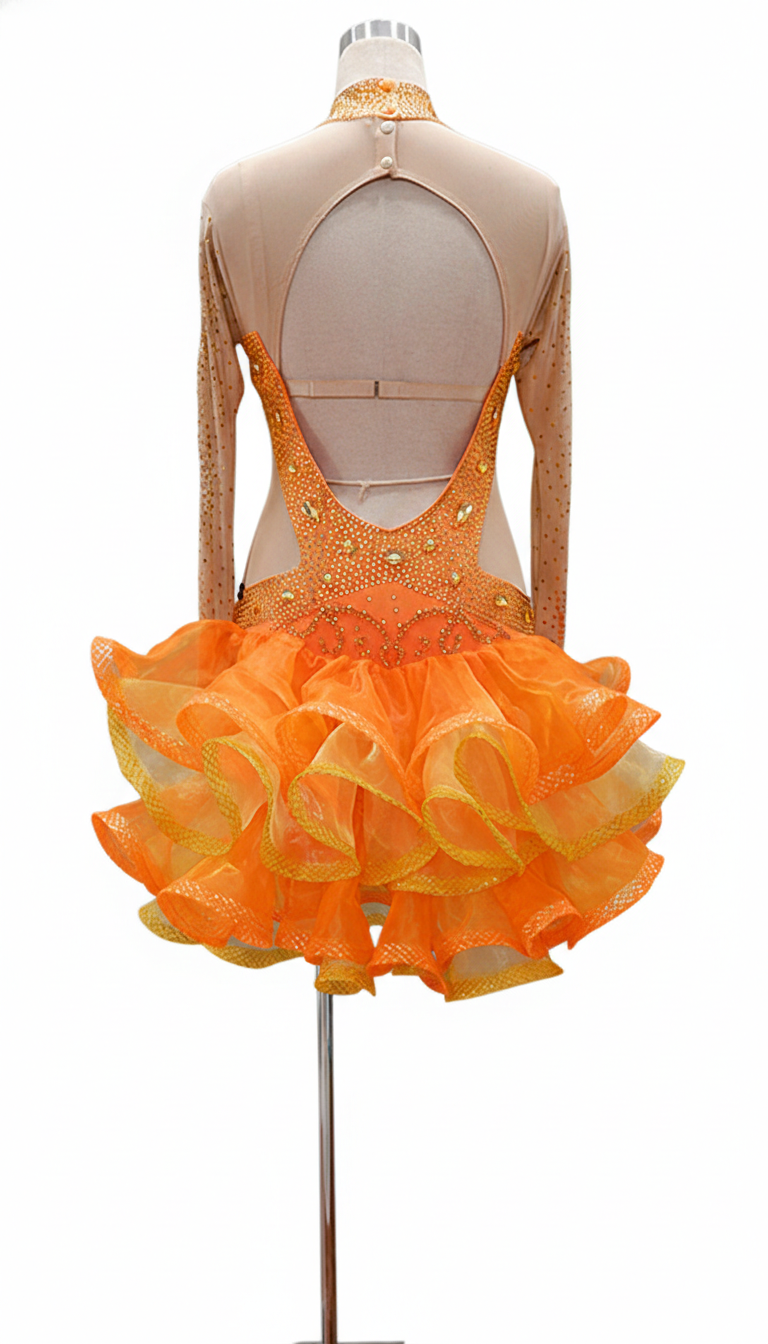 ByCharme Orange Gold Tan Chiffon Latin Salsa Competition Dress - BCL-0086