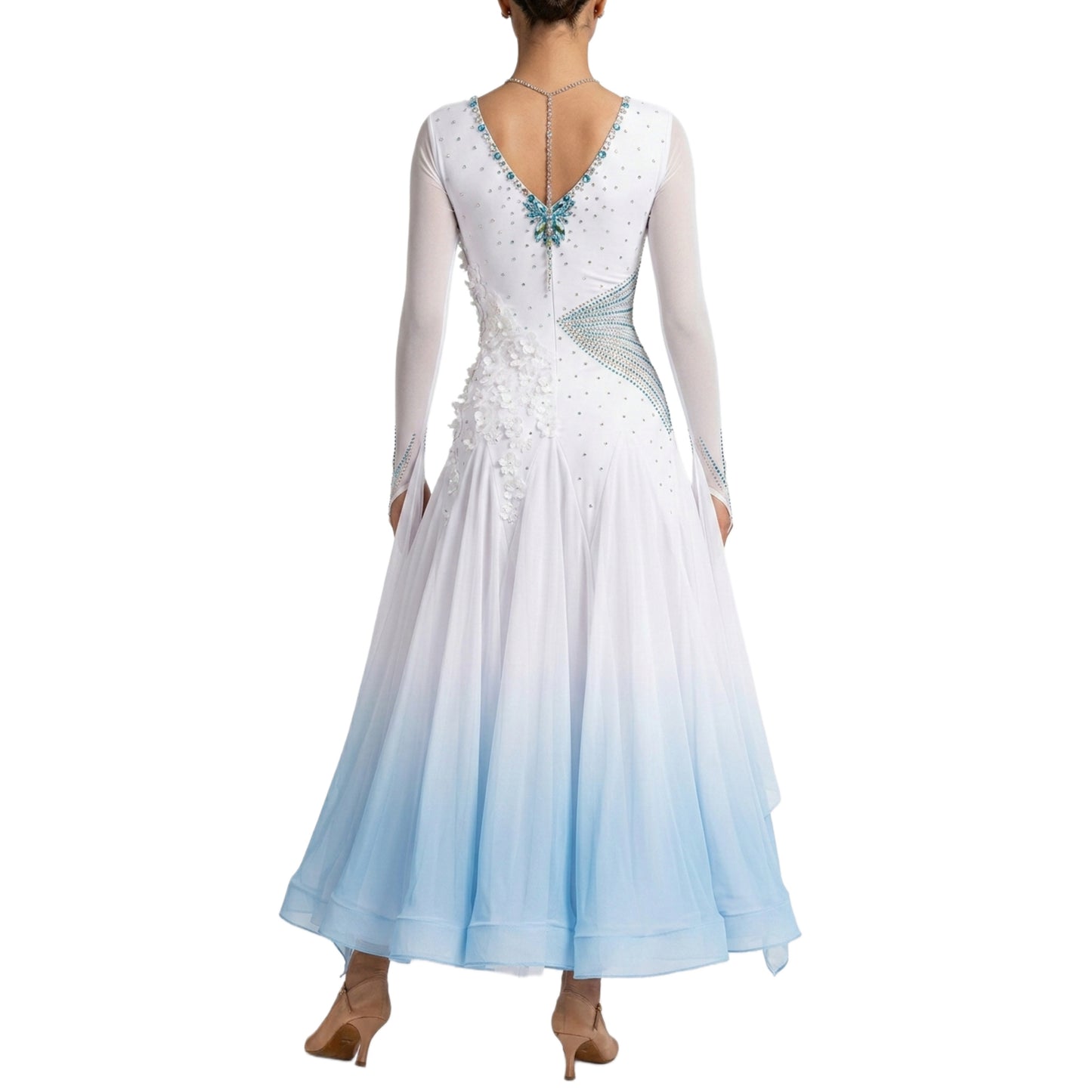ByCharme White & Sky Blue Chiffon Ballroom Competition Dress - BC-0037
