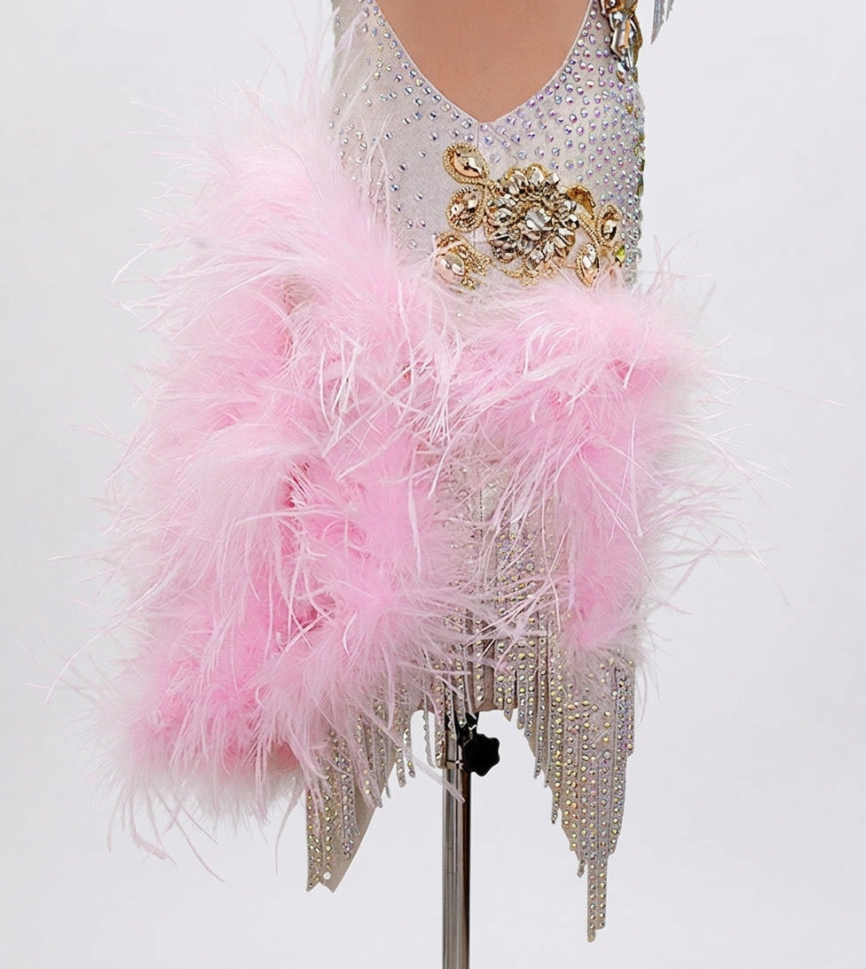ByCharme Silver Pink Gold Feathers Latin Salsa Competition Dress - BCL-0158
