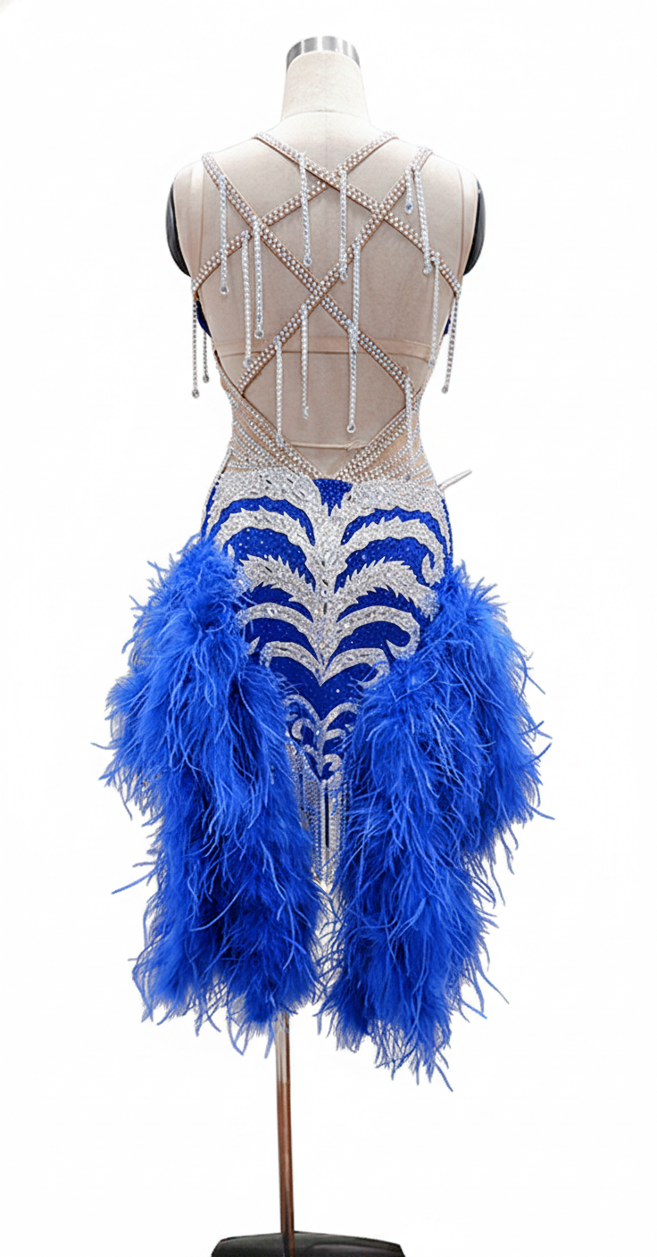 ByCharme Blue Silver Brown Fringes Latin Salsa Competition Dress - BCL-0062
