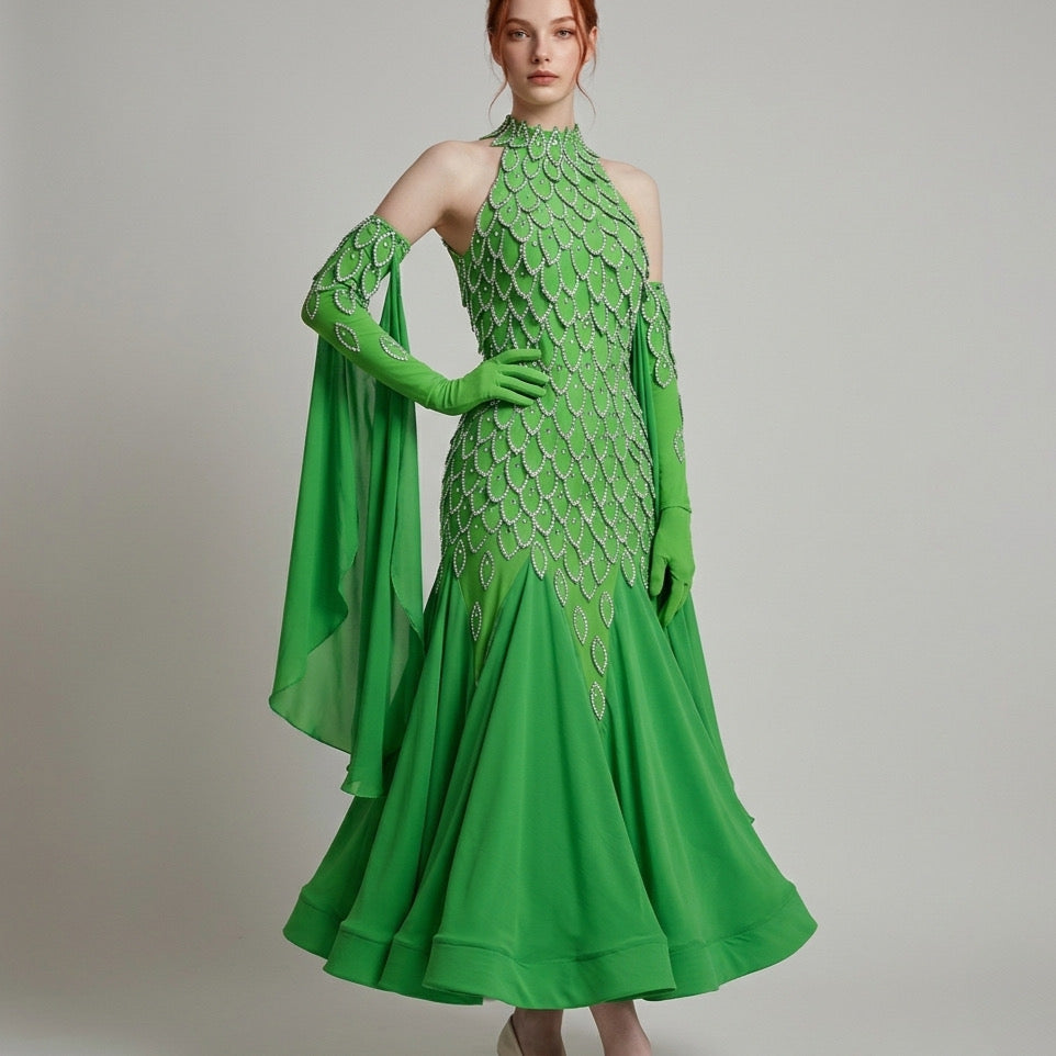ByCharme Green Rhinestone Ballroom Competition Dress - BC-0217