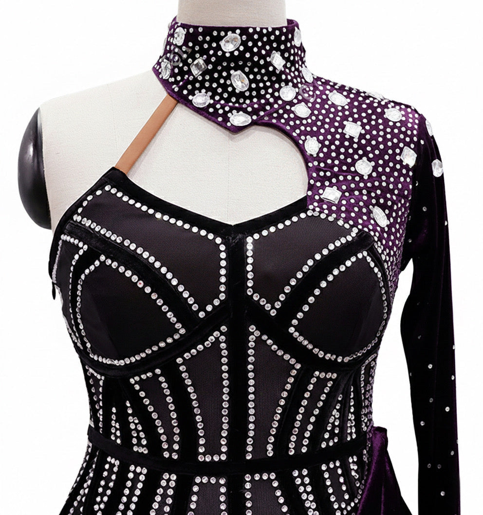 ByCharme Orchid Black Silver Velvet Latin Salsa Competition Dress - BCL-0034