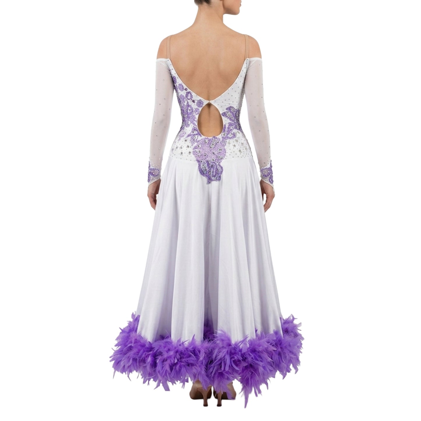 ByCharme White & Purple Feather Ballroom Competition Dress - BC-0038