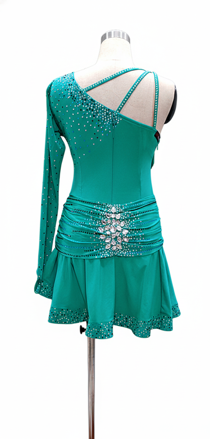 ByCharme Sea Green Brown Fringes Latin Salsa Competition Dress - BCL-0044