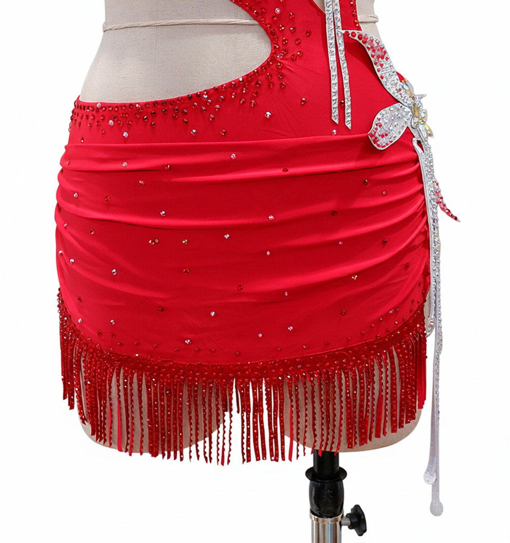 ByCharme Red Silver Tan Fringes Latin Salsa Competition Dress - BCL-0081