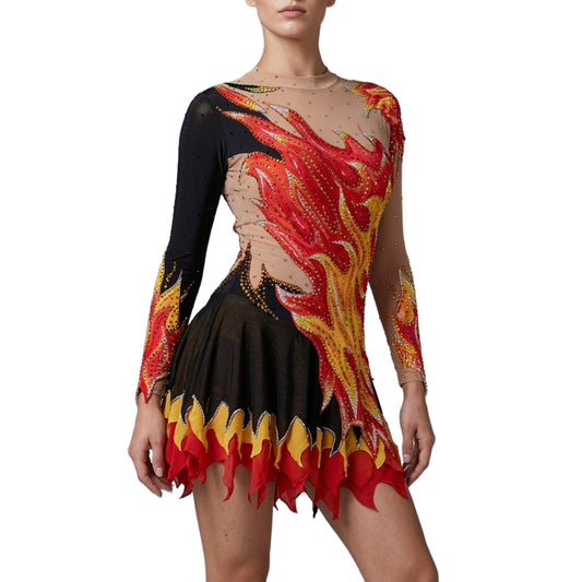 ByCharme Black Red Goldenrod Tan Latin Salsa Competition Dress - BCL-0137