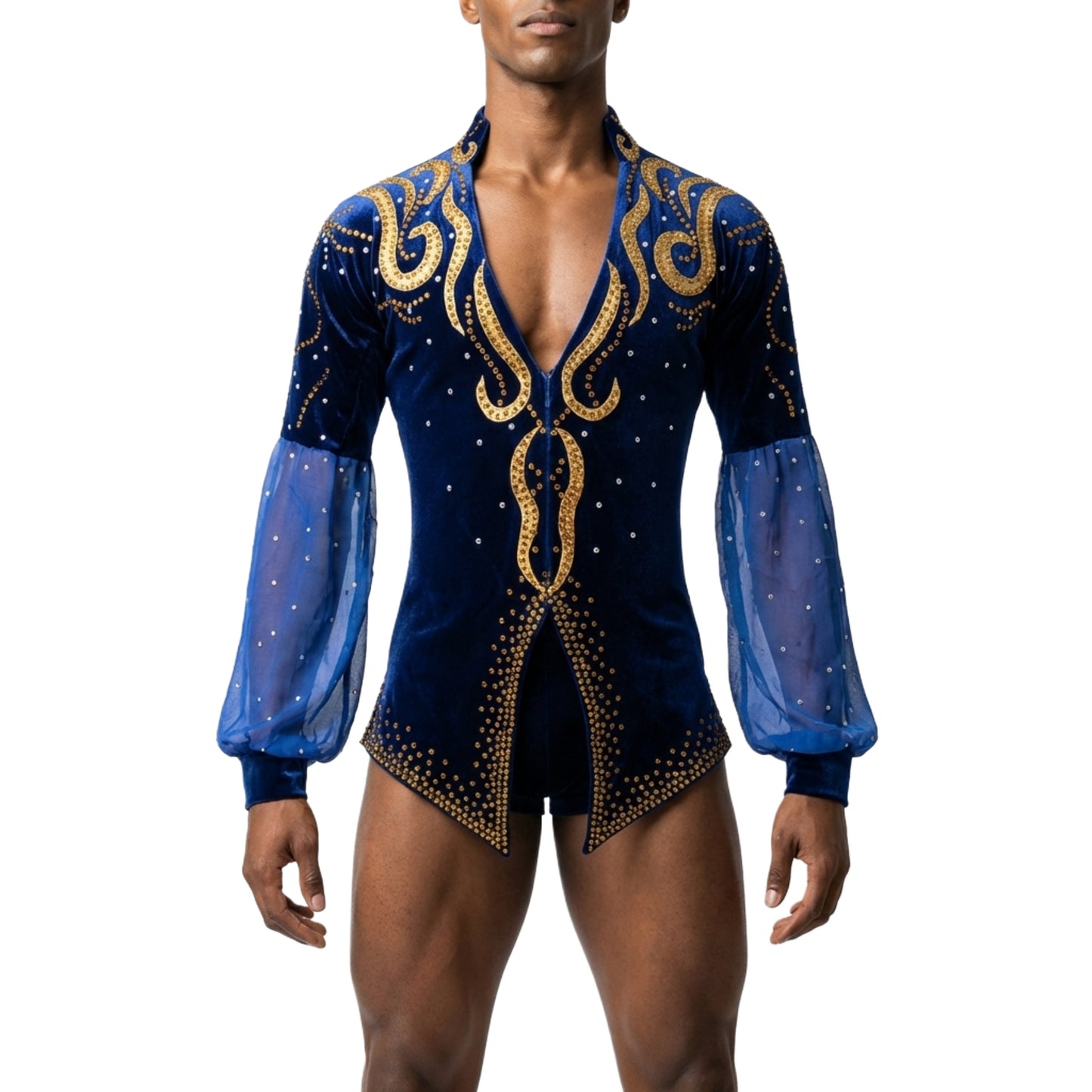 ByCharme Medium Blue Velvet Men Latin Salsa Competition Shirt - BCM-0043