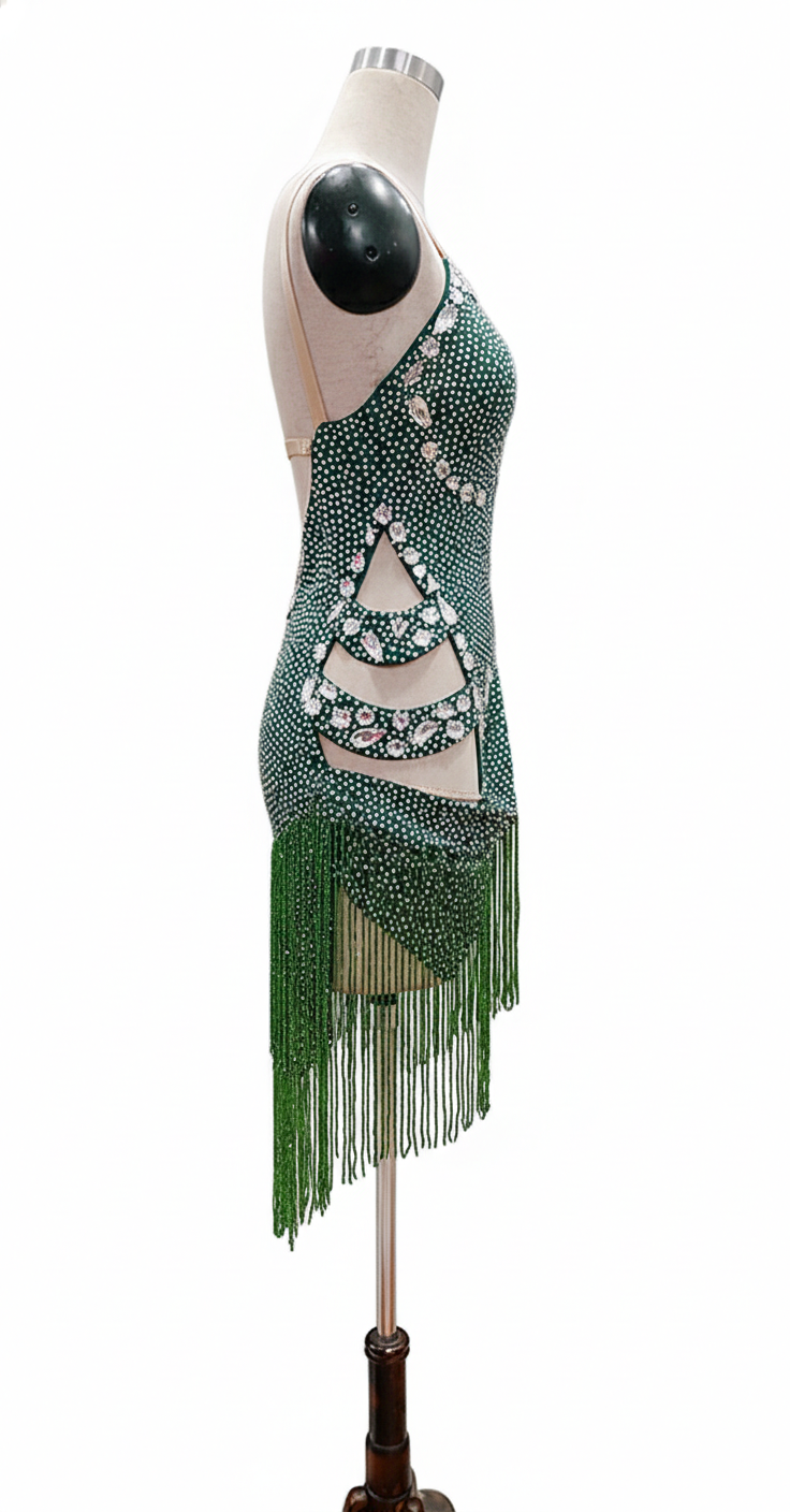 ByCharme Forest Green Tan Fringes Latin Salsa Competition Dress - BCL-0092