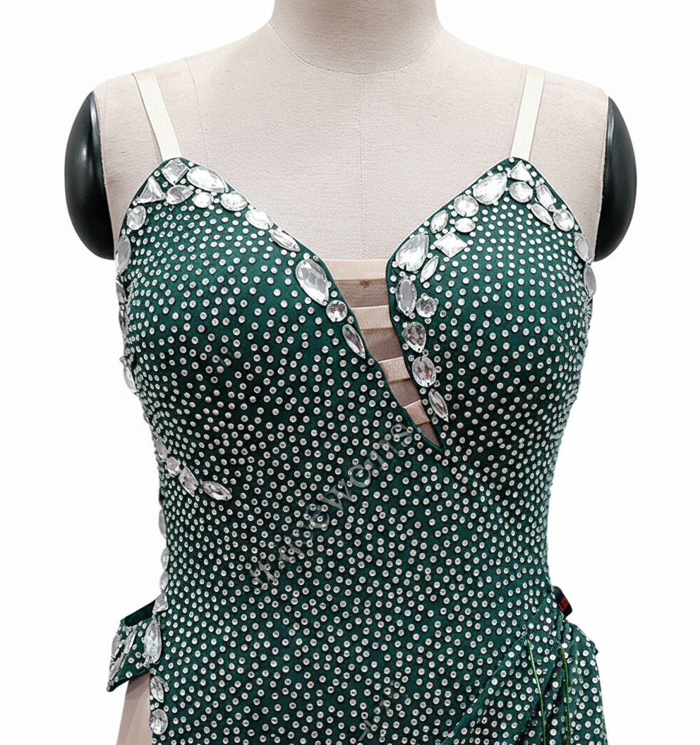 ByCharme Forest Green Tan Fringes Latin Salsa Competition Dress - BCL-0092