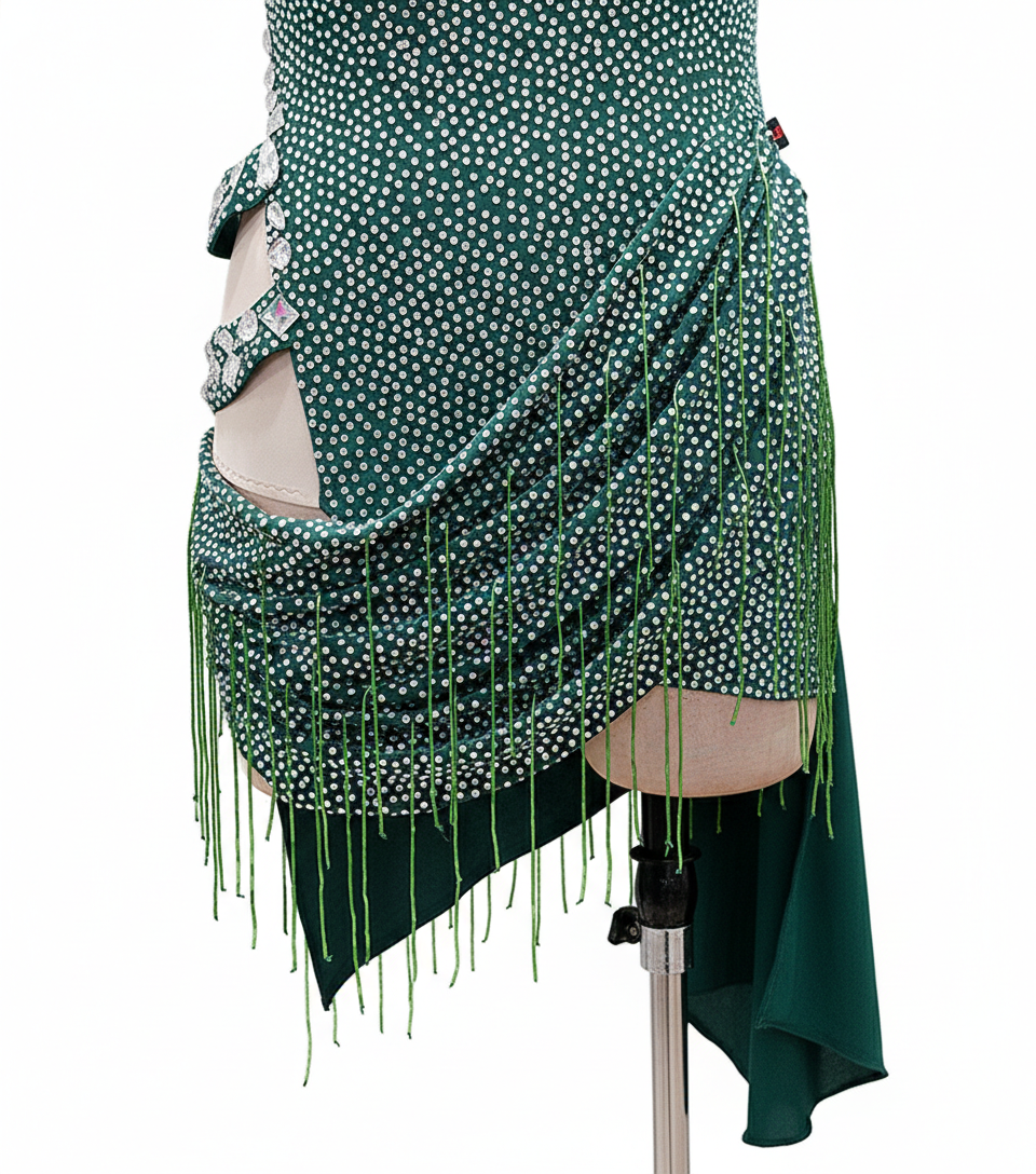 ByCharme Forest Green Tan Fringes Latin Salsa Competition Dress - BCL-0092