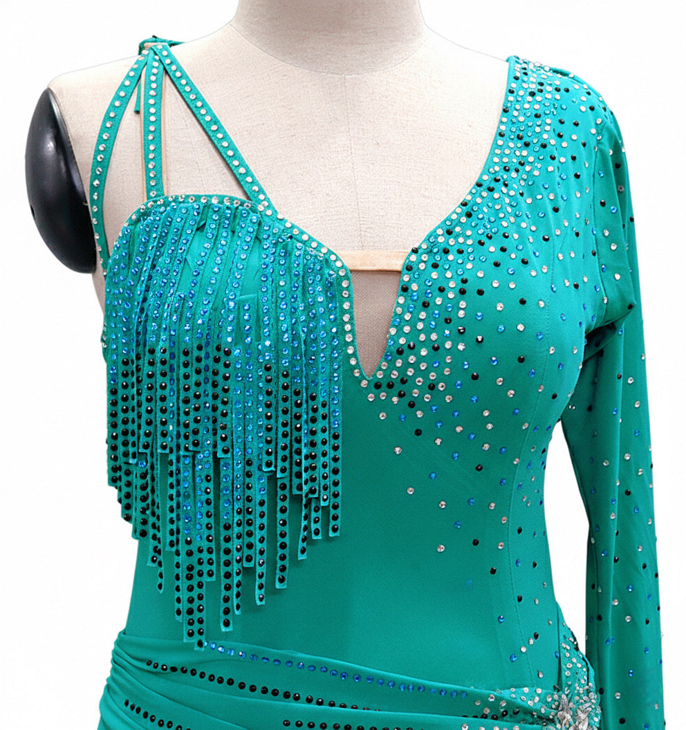 ByCharme Sea Green Brown Fringes Latin Salsa Competition Dress - BCL-0044