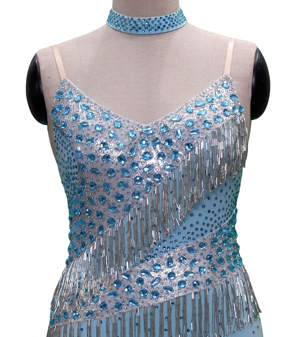 ByCharme Sky Blue Fringes Ballroom Competition Dress - BC-0226