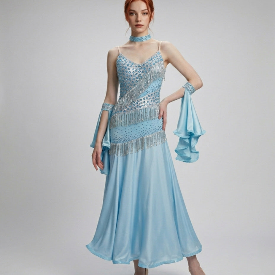 ByCharme Sky Blue Fringes Ballroom Competition Dress - BC-0226