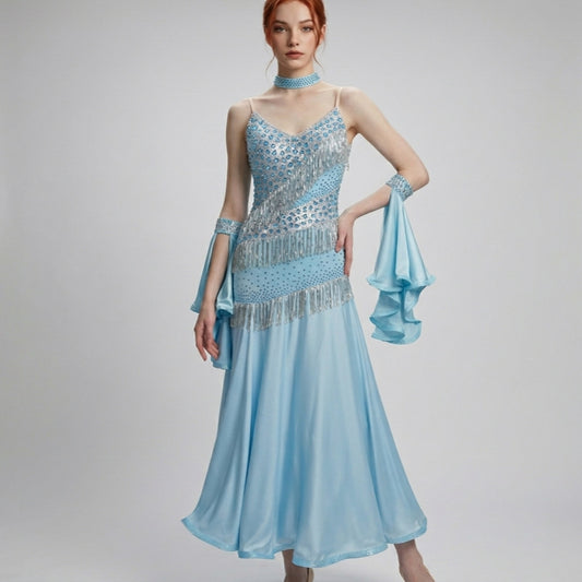 ByCharme Sky Blue Fringes Ballroom Competition Dress - BC-0226