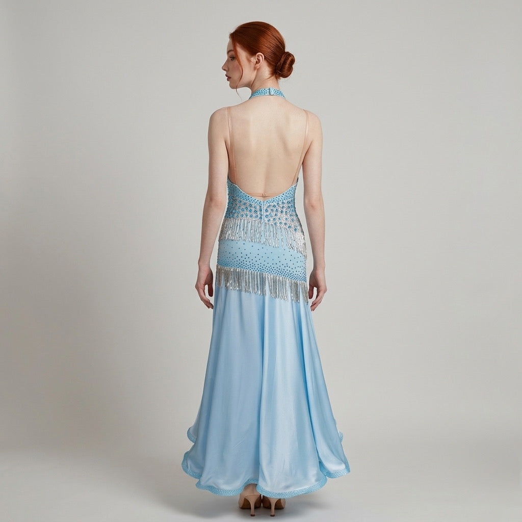 ByCharme Sky Blue Fringes Ballroom Competition Dress - BC-0226