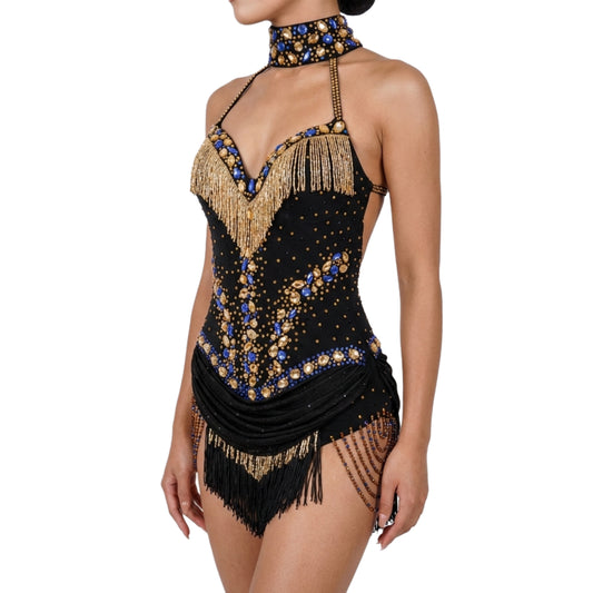 ByCharme Black Blue Gold Fringes Latin Salsa Competition Dress - BCL-0001