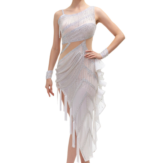 ByCharme Silver White Tan Fringes Latin Salsa Competition Dress - BCL-0010