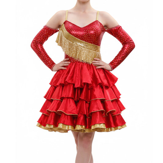 ByCharme Red Gold Fringes Latin Salsa Competition Dress - BCL-0013