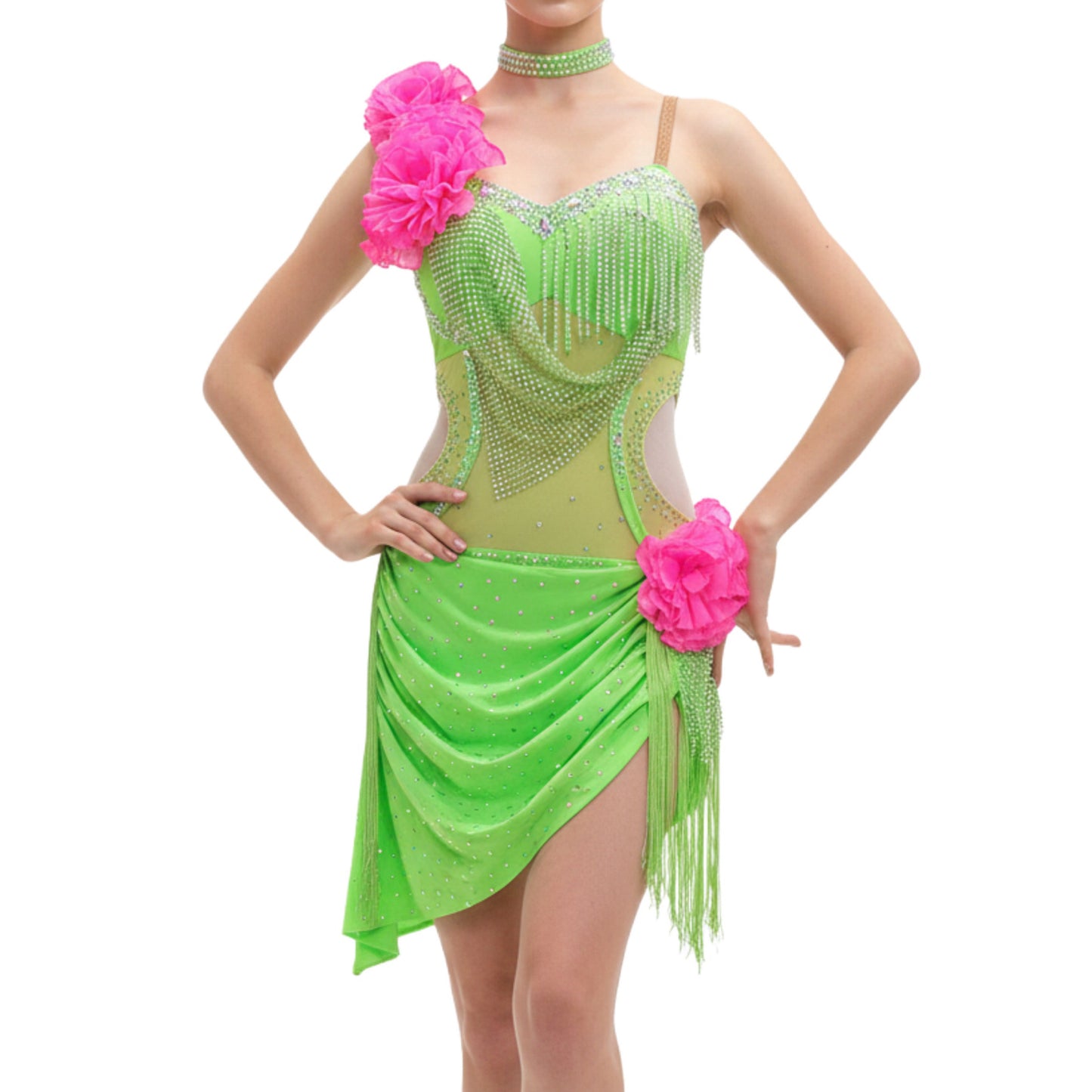 ByCharme Green Pink Chiffon Latin Salsa Competition Dress - BCL-0029