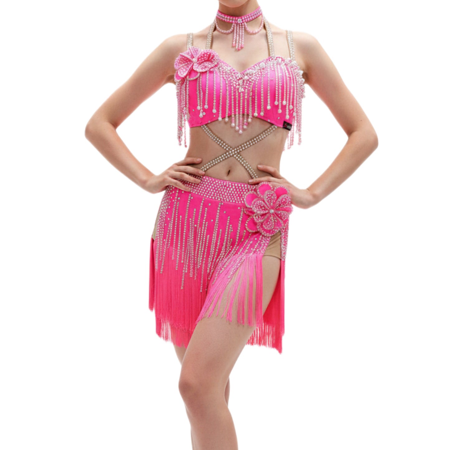 ByCharme Pink Silver Brown Fringes Latin Salsa Competition Dress - BCL-0063