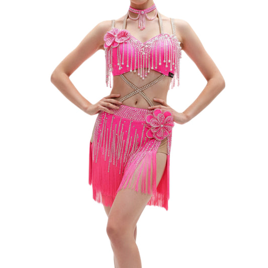 ByCharme Pink Silver Brown Fringes Latin Salsa Competition Dress - BCL-0063