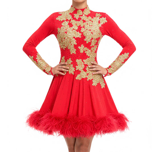ByCharme Red Gold Exquisite Edition Latin Salsa Competition Dress - BCL-0046