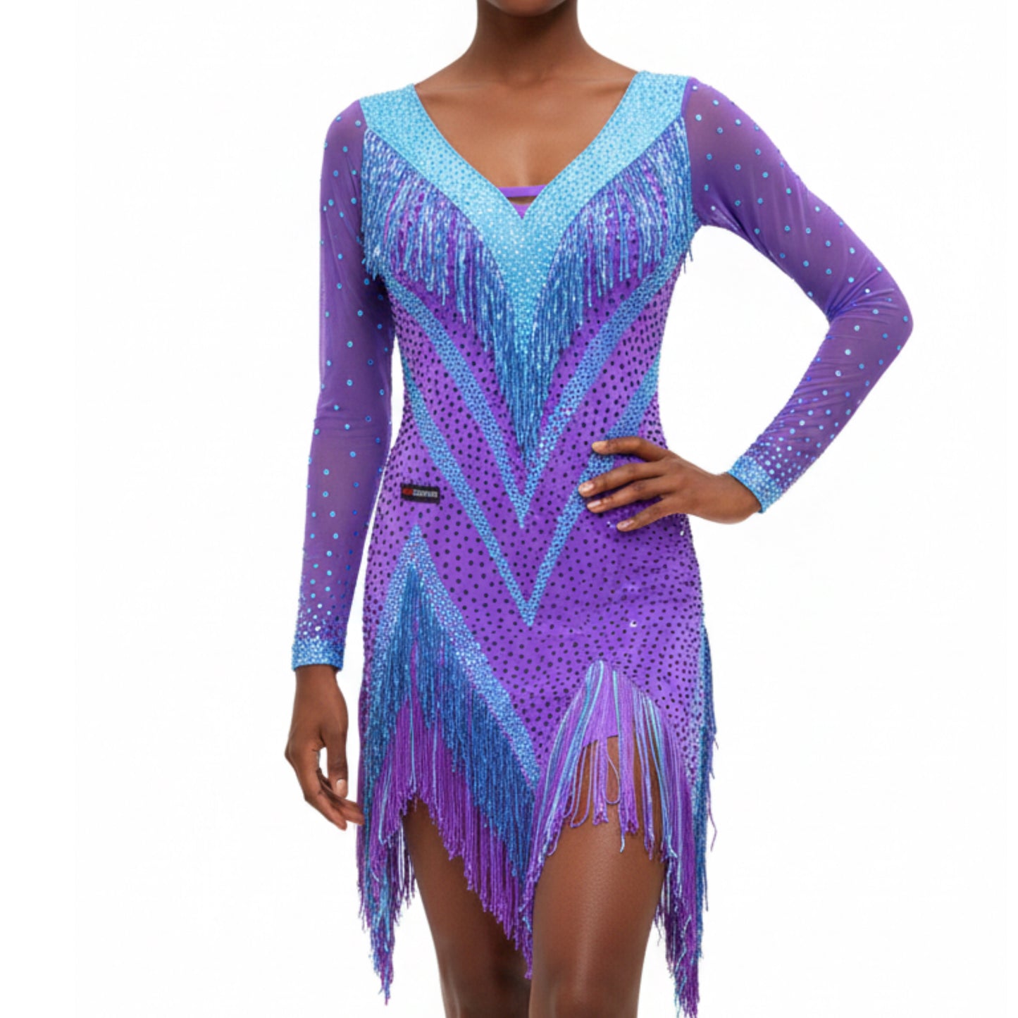 ByCharme Purple Blue Brown Fringes Latin Salsa Competition Dress - BCL-0061