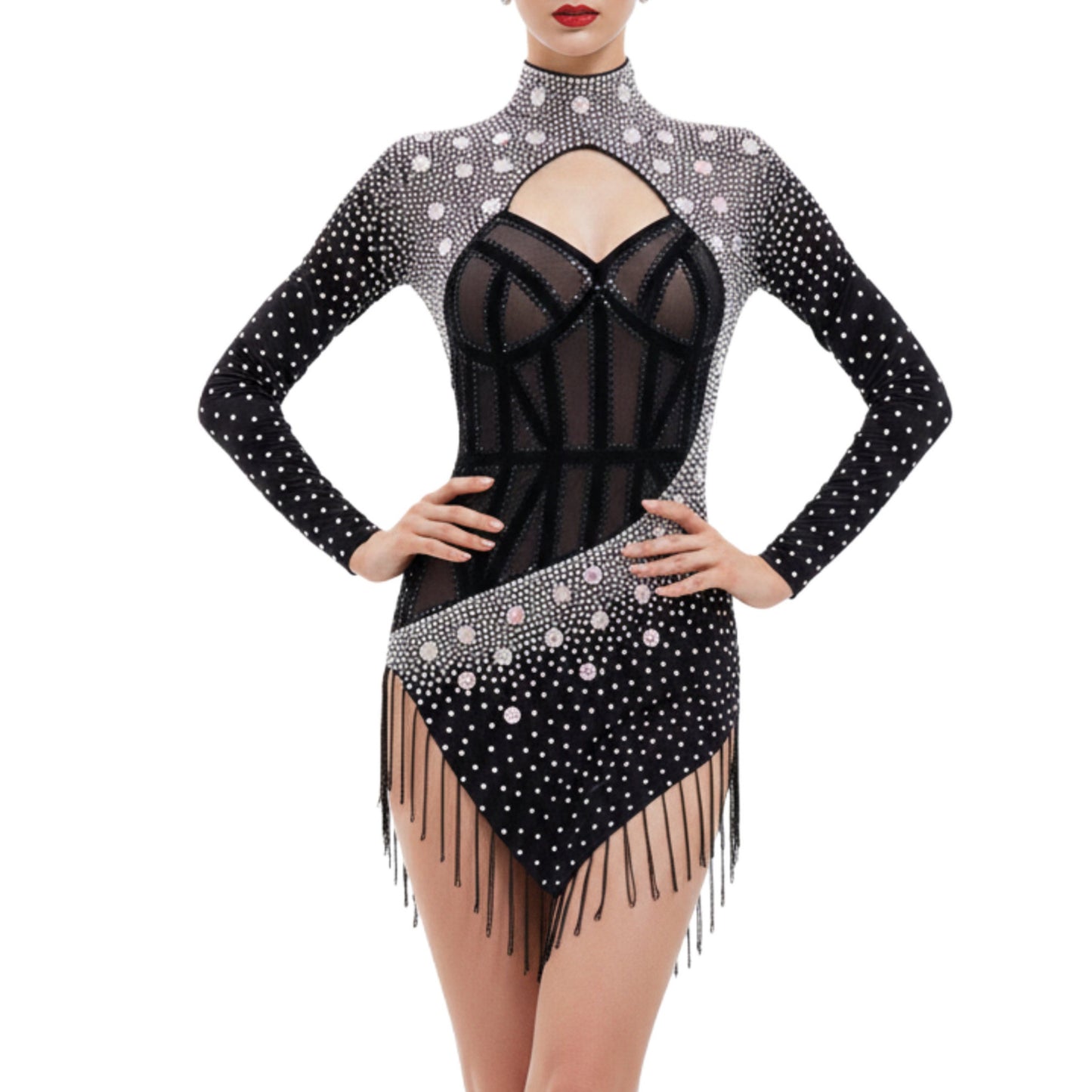 ByCharme Black Silver Tan Velvet Latin Salsa Competition Dress - BCL-0077