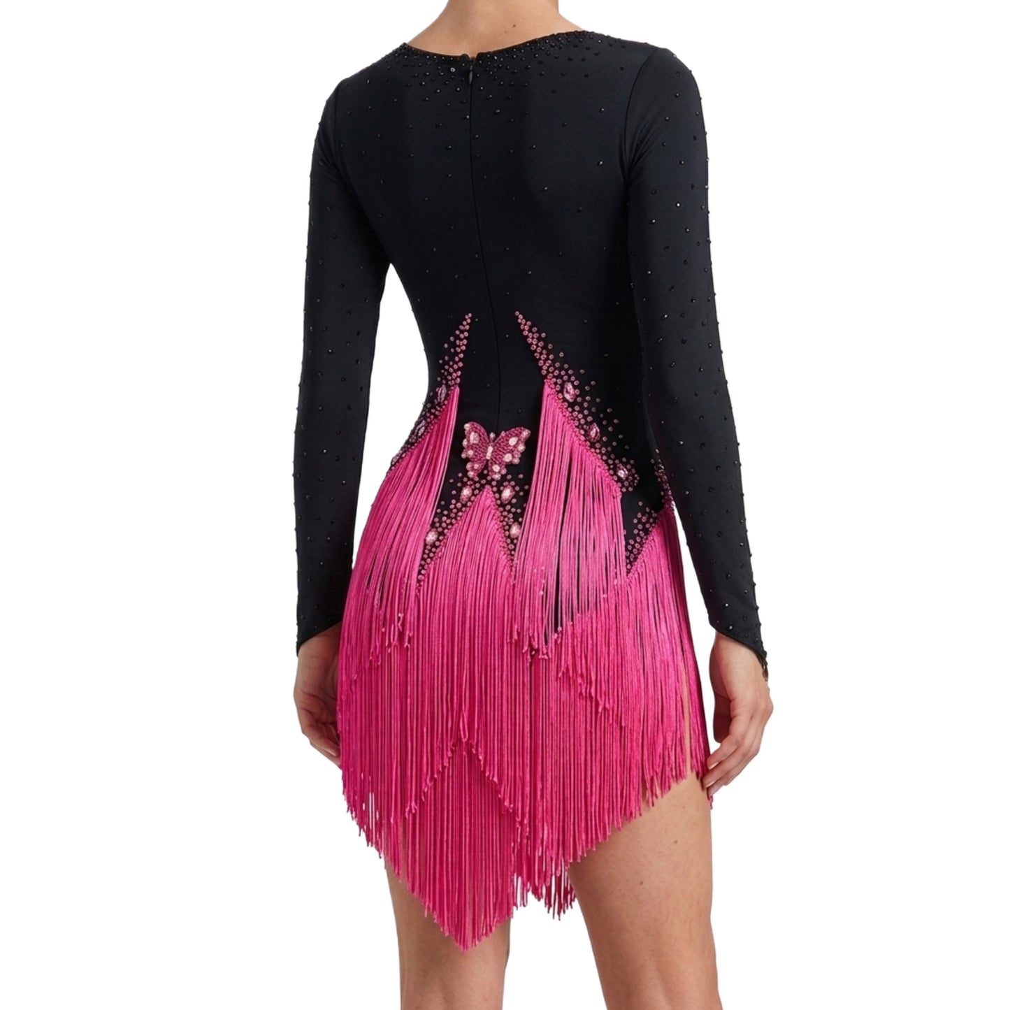 ByCharme Black Pink Brown Fringes Latin Salsa Competition Dress - BCL-0079