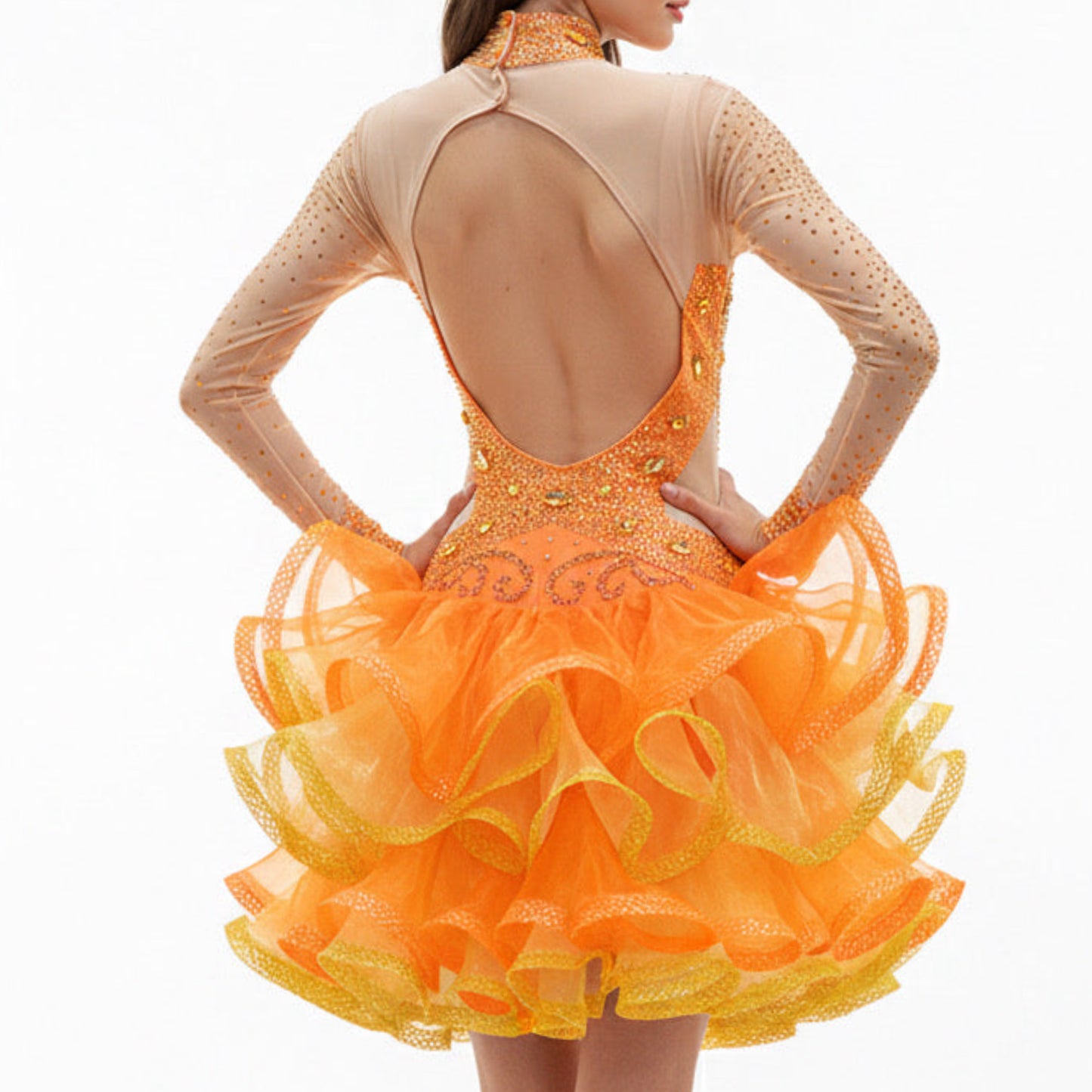 ByCharme Orange Gold Tan Chiffon Latin Salsa Competition Dress - BCL-0086