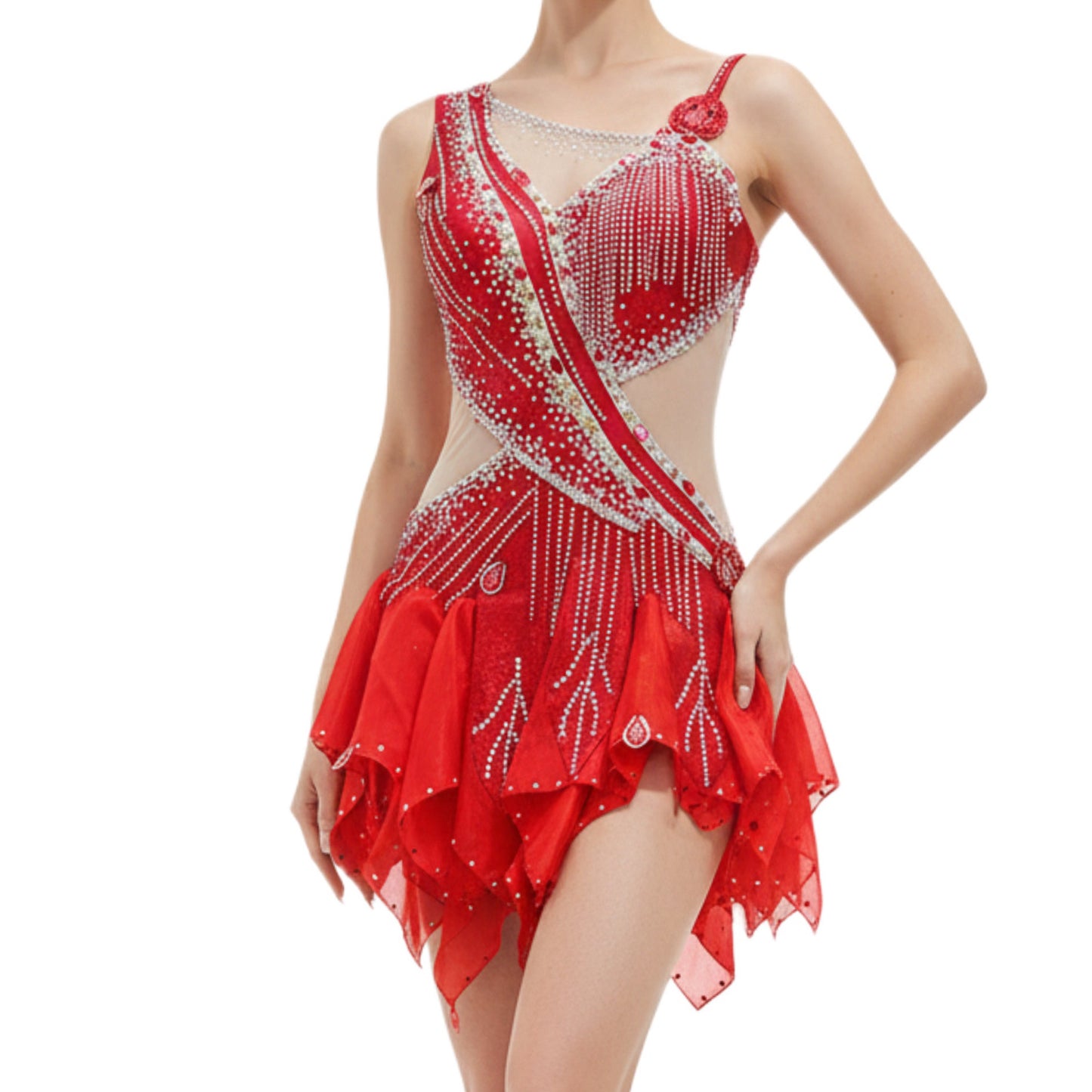 ByCharme Red Silver Tan Chiffon Latin Salsa Competition Dress - BCL-0089