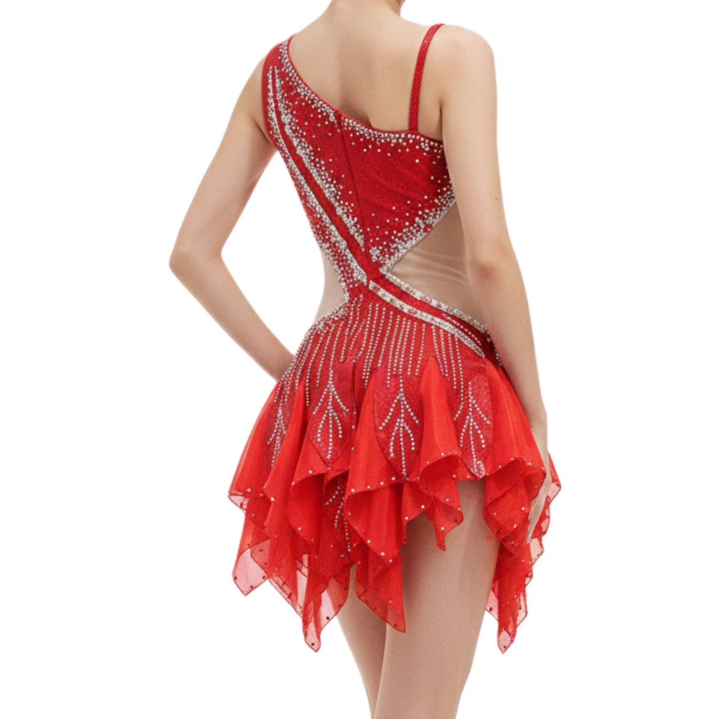 ByCharme Red Silver Tan Chiffon Latin Salsa Competition Dress - BCL-0089