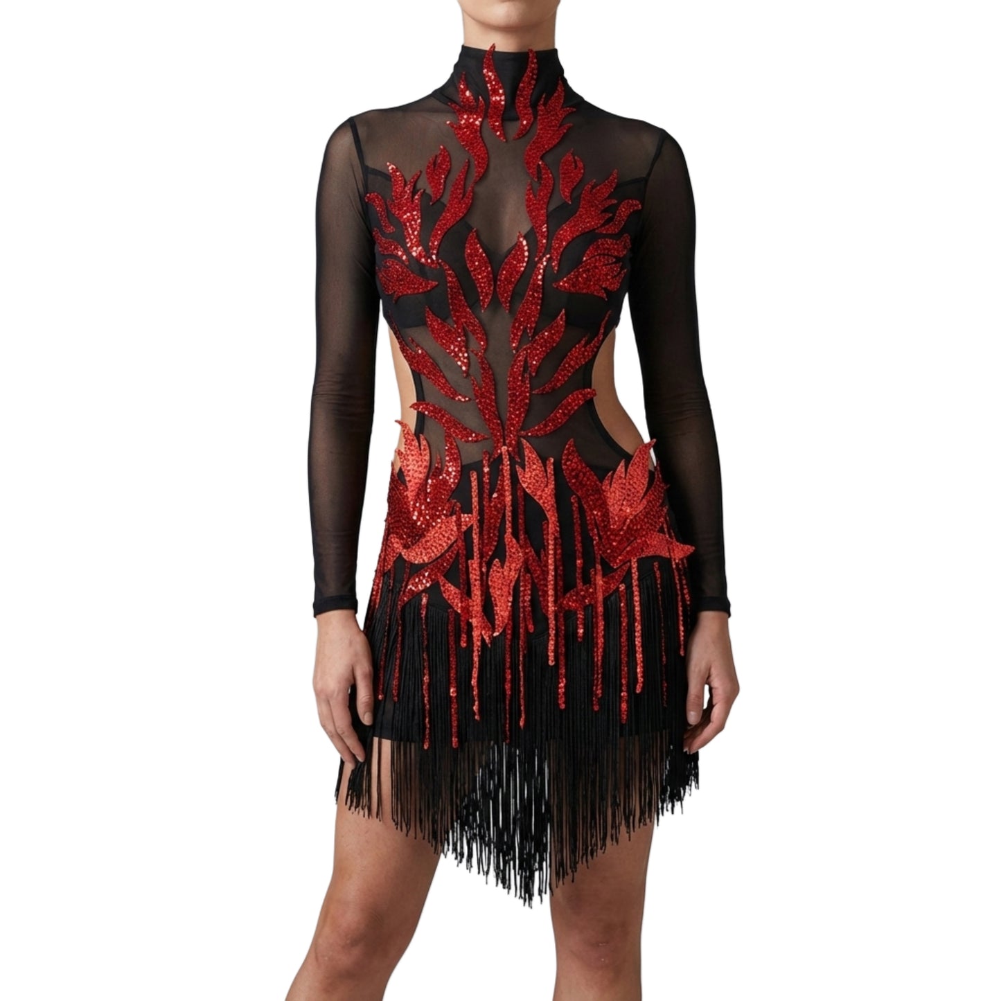 ByCharme Black Red Fringes Latin Salsa Competition Dress - BCL-0098