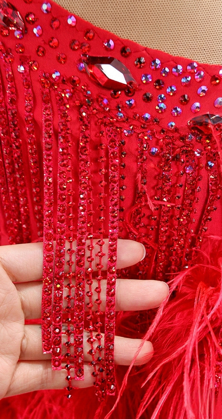 ByCharme Bright Red Tan Feather Latin Salsa Competition Dress - BCL-0105