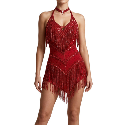 ByCharme Firebrick Fringes Latin Salsa Competition Dress - BCL-0112