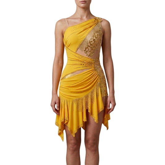 ByCharme Dark Yellow Gold Sequined Fringes Latin Salsa Dress - BCL-0117