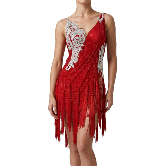 ByCharme Bright Red Silver Fringes Latin Salsa Competition Dress - BCL-0124