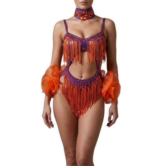ByCharme Blue Violet Orange Fringes Latin Salsa Competition Dress - BCL-0125