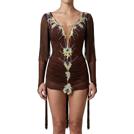 ByCharme Dark Chocolate Brown Fringes Latin Salsa Competition Dress - BCL-0126