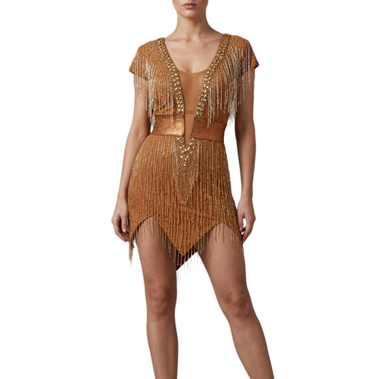 ByCharme Brown Beaded Fringes Latin Salsa Competition Dress - BCL-0128
