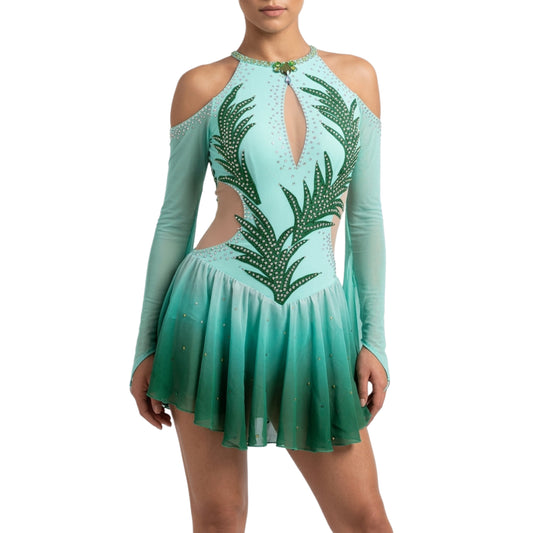 ByCharme Aquamarine Dark Green Tan Latin Salsa Competition Dress - BCL-0157