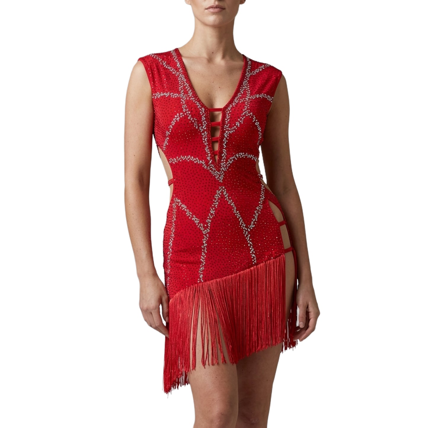 ByCharme Bright Red Silver Gold Fringes Latin Salsa Competition Dress - BCL-0160